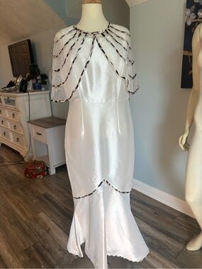 Ashro White Satin Maxi Dress with Beaded Capelet sz10